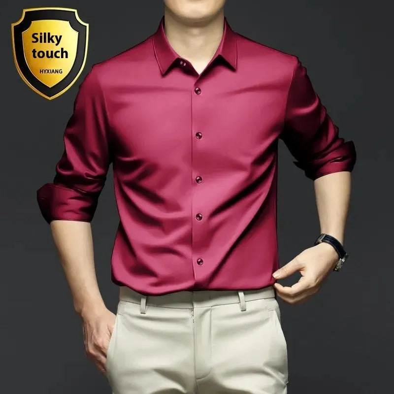 Business high-end ice silk shirt cardigan with lapel collar, slim fit, long sleeves, solid colour, polyester fabric