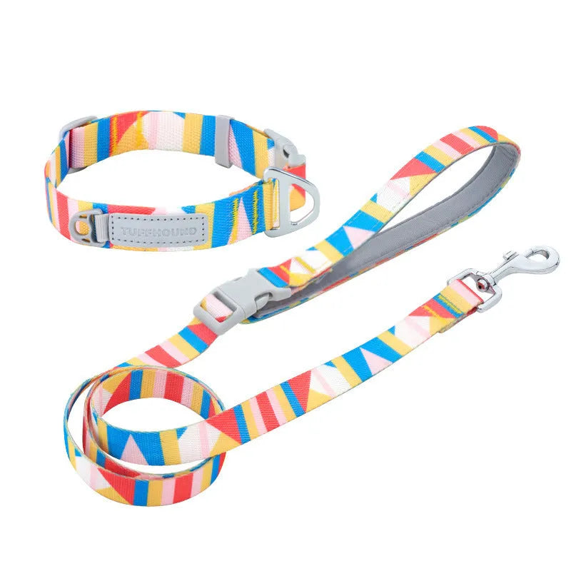 Blue nylon dog traction belt with 120cm lead on a white background, size M