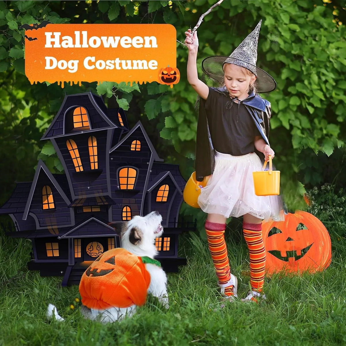 Pumpkin plush Halloween costume on small dog with pullover design and bright orange colour