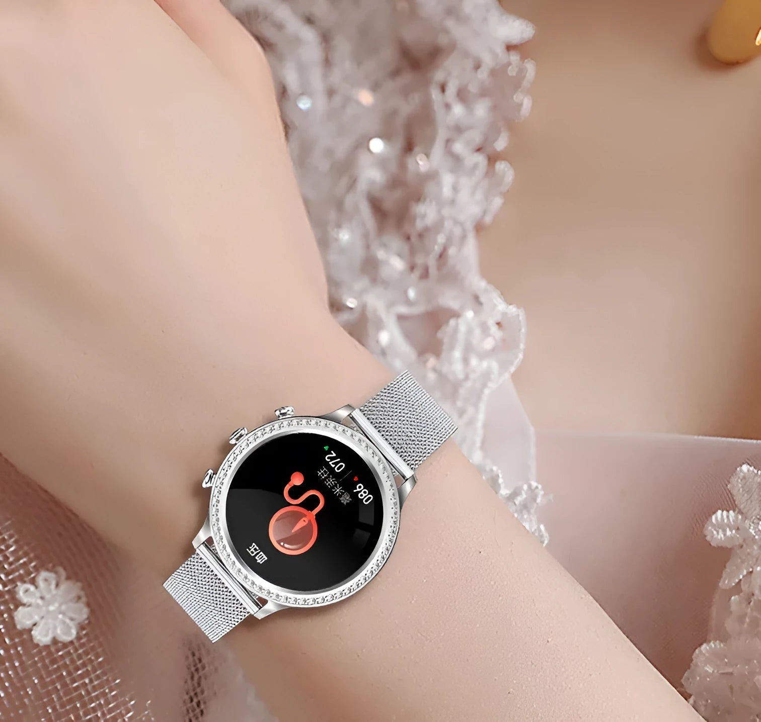 Women's Bluetooth smart watch with silicone band and aluminium alloy case in gold dark green colour