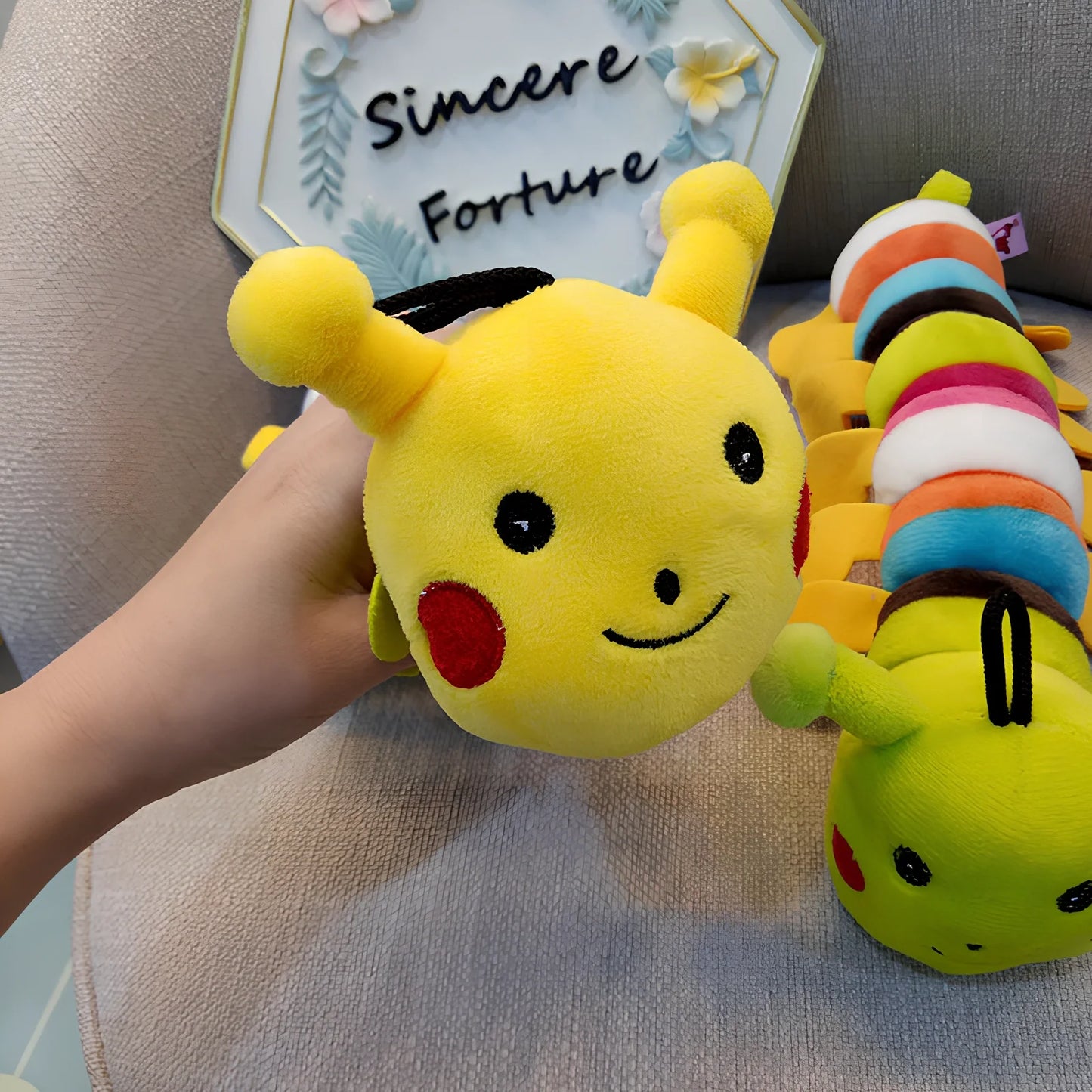 28cm green caterpillar sound toy with molar plush texture for dogs and cats, noil cloth exterior