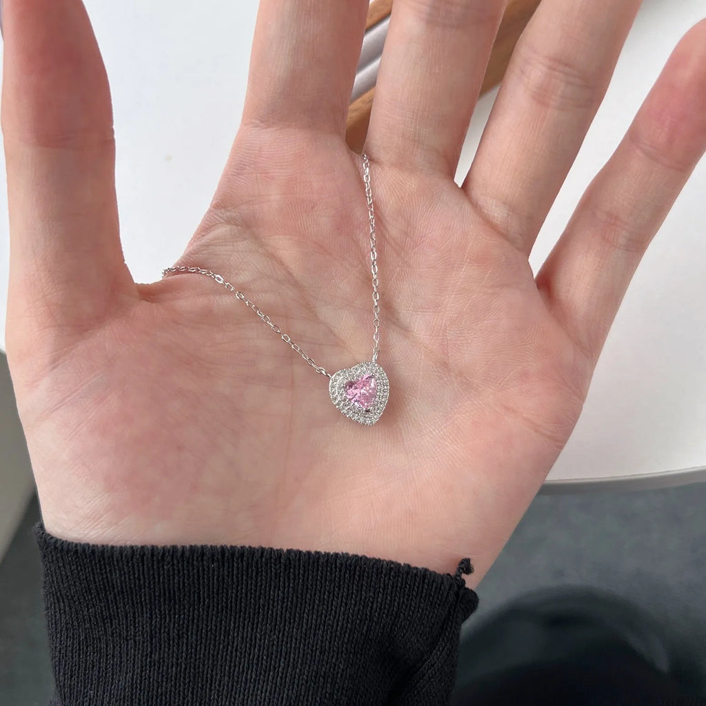 925 silver simple colour dopamine zircon necklace with platinum pink diamond electroplated finish on white background