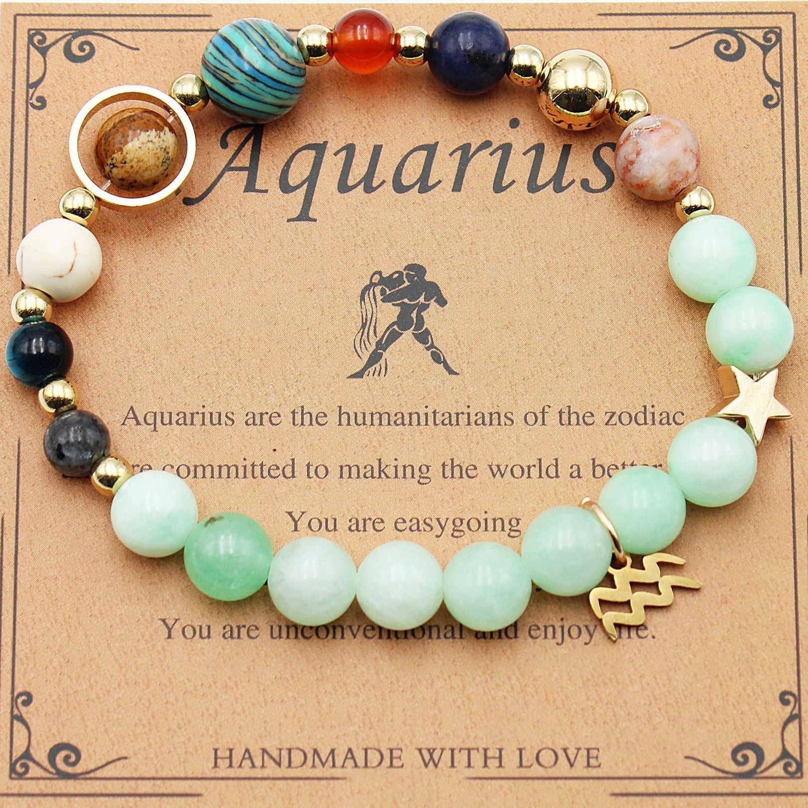 Morgan Stone beaded bracelet with twelve constellation designs, showcasing personalised zodiac signs.