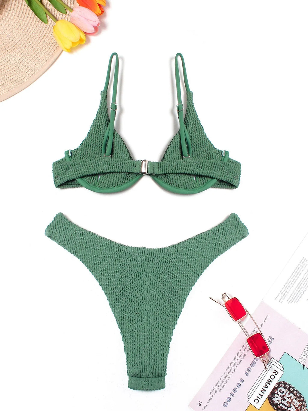 Women's green bikini suit with ruffle split detail on quick-drying polyester fabric