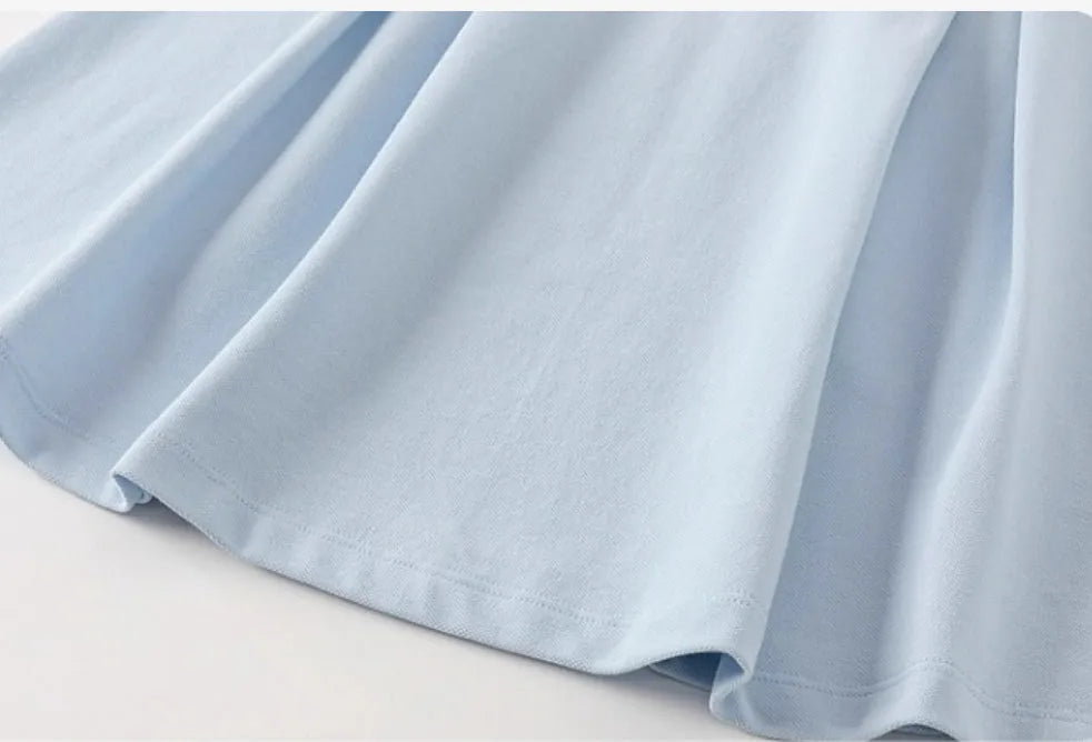 Blue girls polo dress in A-line style for summer, child sizes 110cm to 160cm, front view