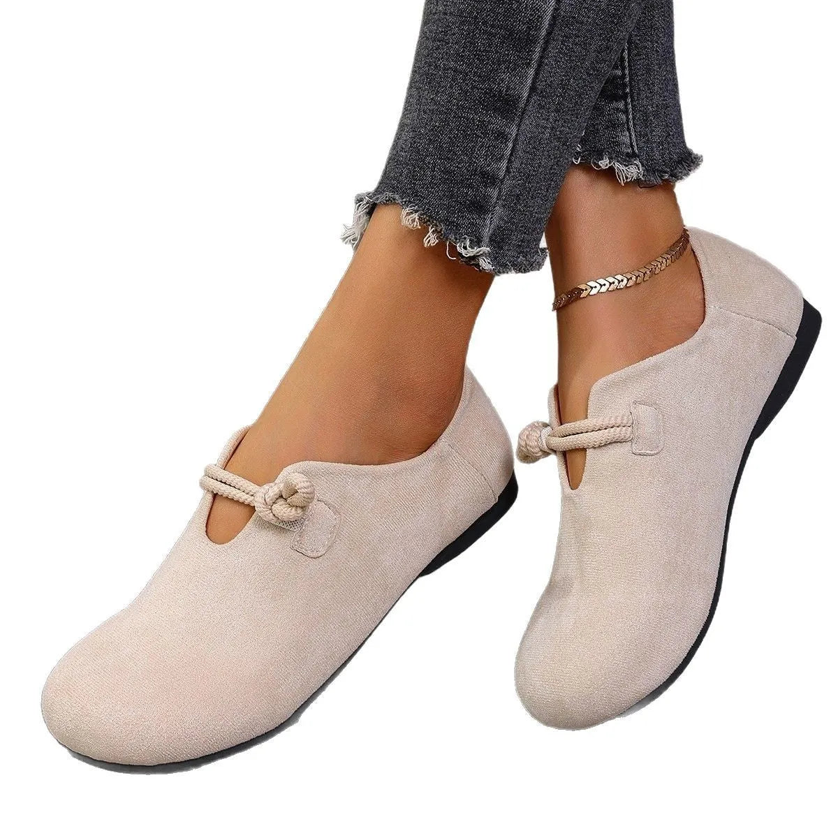Round head slip-on solid colour flat shoes with suede upper and low rubber sole in beige colour