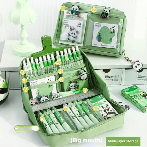 Green canvas 12-layer panda pencil case with zip closure, shown open to reveal compartments.