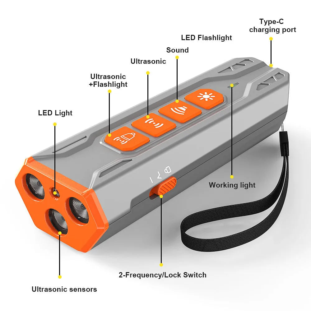 Three-head ultrasonic dog trainer device in ABS plastic with handheld remote design