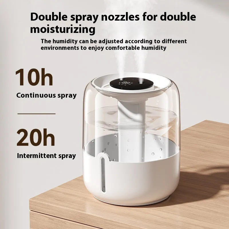 Beige round USB humidifier with dual spray nozzles, humidity display, and night light on a wooden surface.