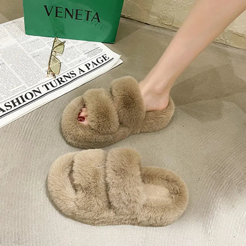 Women's fuzzy slippers in beige with faux fur upper and thick rubber sole, slip-on style for home use