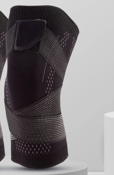 Nylon sports knee pads with adjustable strap in pink, blue, and black