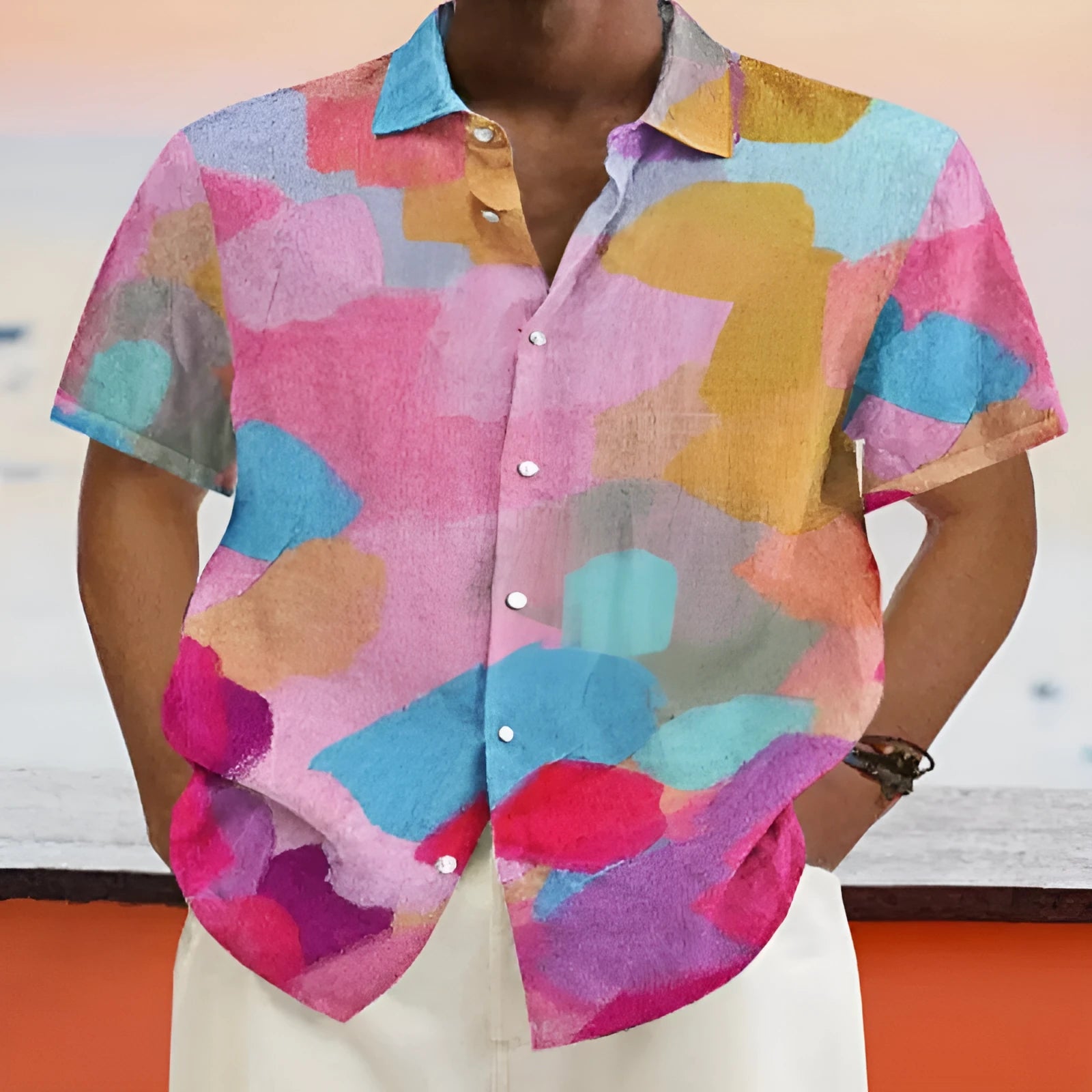 Hawaiian style stand collar short sleeve cardigan with 3D printing design in pictured colour