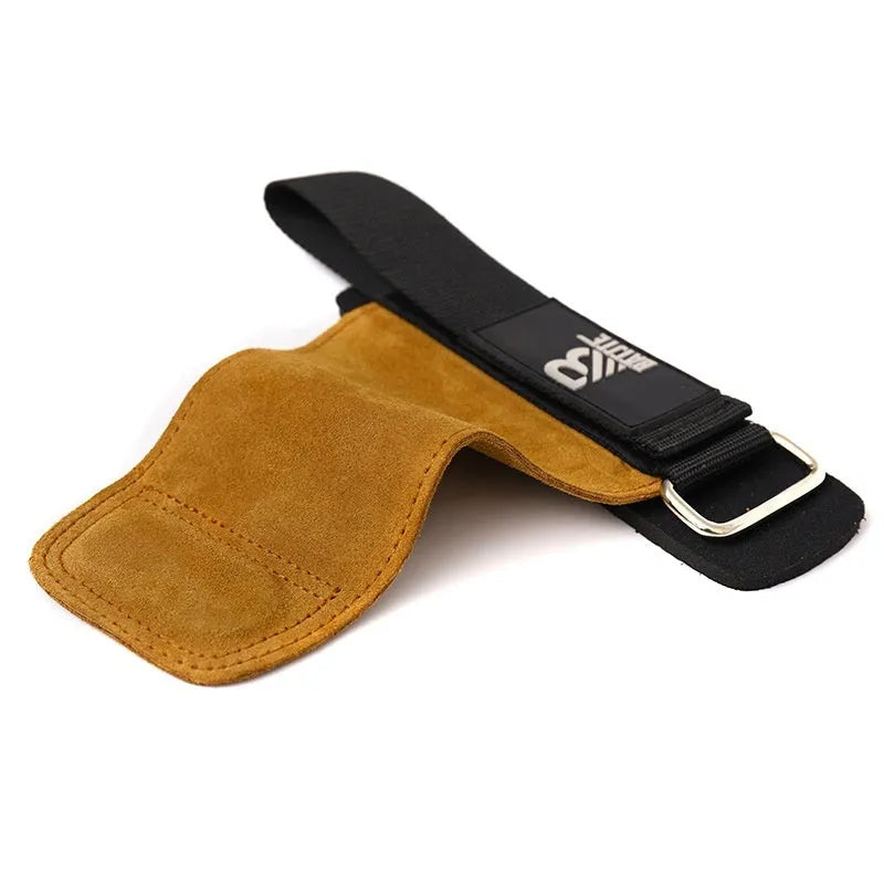 Brown leather wrist protector with adjustable strap for pull-up and fitness training.