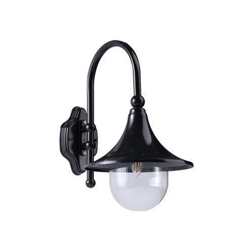 Horn-shaped outdoor wall lamp in aluminium with warm light, designed for gates, balconies, and garden walls