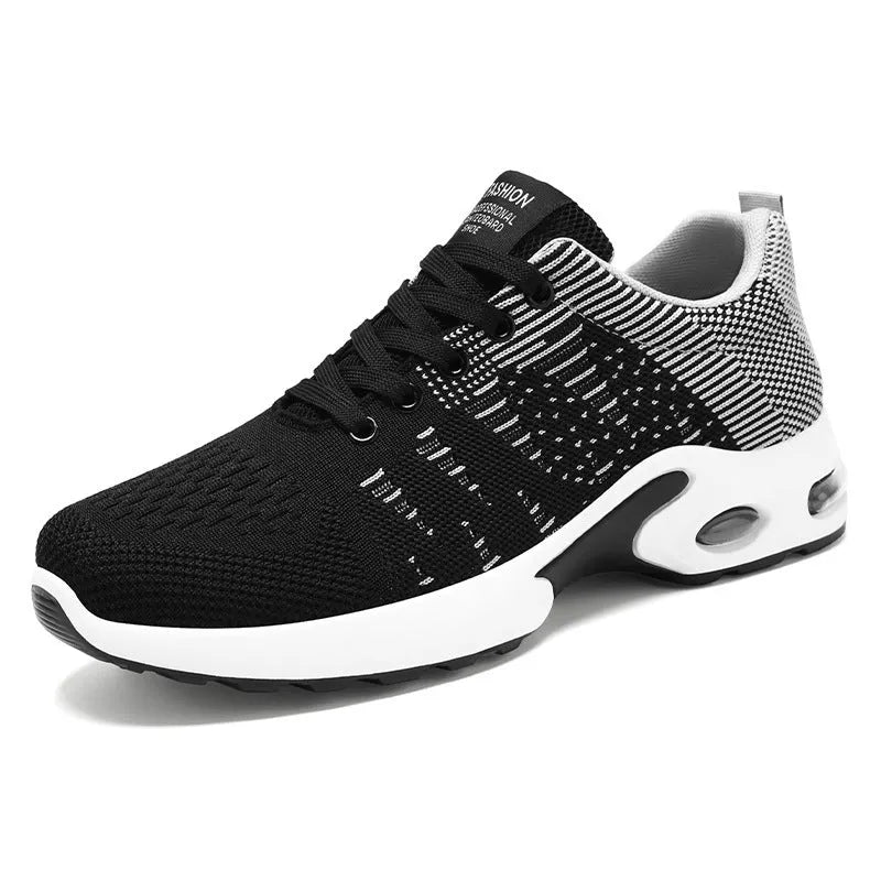 Men's low-top casual sneakers in black and blue with Flyknit mesh upper and flat sole.