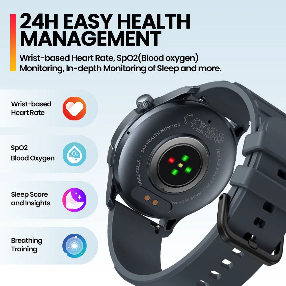 Btalk 3 Pro smart watch in blue on wrist showing AMOLED display with health stats