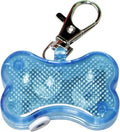 Bone-shaped LED luminous pendant for a pet collar showing blue light, next to two LR44 batteries.