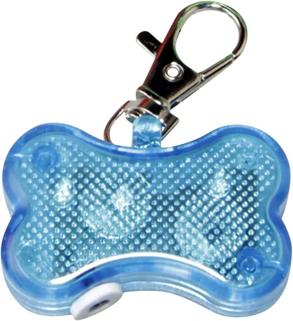 Bone-shaped LED luminous pendant for a pet collar showing blue light, next to two LR44 batteries.