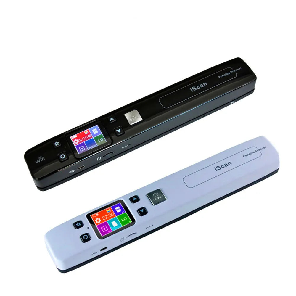 Mini handheld wireless scanner with colour screen, WiFi function, buggy bag, and charging cable in white or black