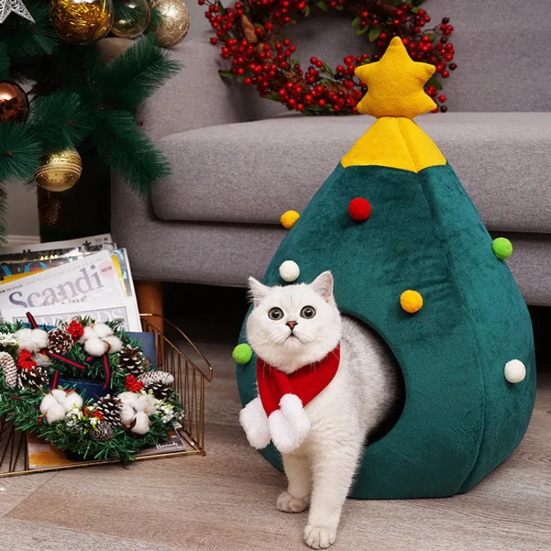 Christmas tree-shaped pet cave bed with plush fabric in three size options for cats and small dogs