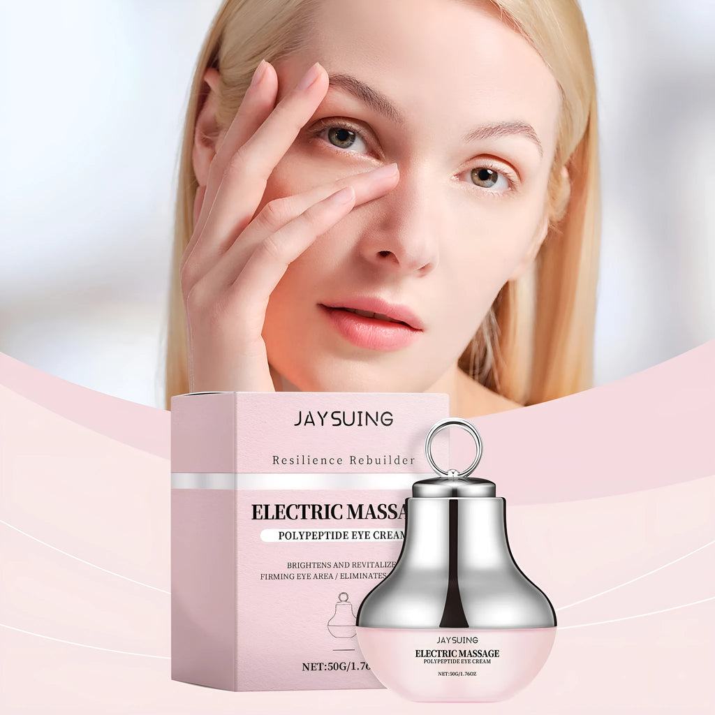 Electric firming eye cream 50g jar with silver massage head on white background