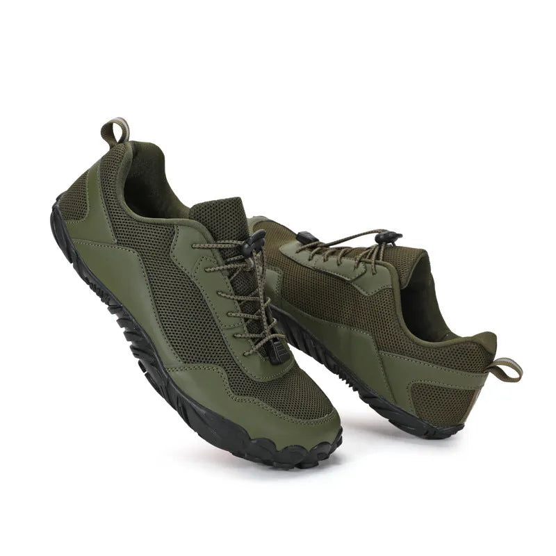 Men's outdoor mountaineering training shoes in army green with genuine leather upper, size 36–48