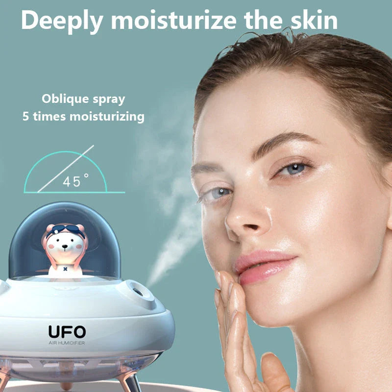 Wireless UFO-shaped air humidifier with dual nozzles and cute cartoon bear design, perfect for adding moisture and style to any Kiwi home