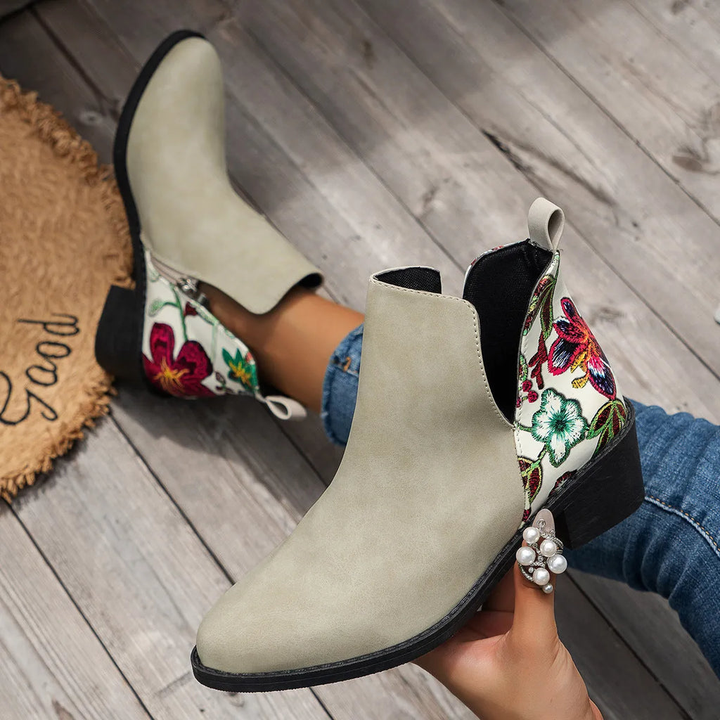 Flower printed ankle boots for women with chunky heel and side zipper, beige colour option