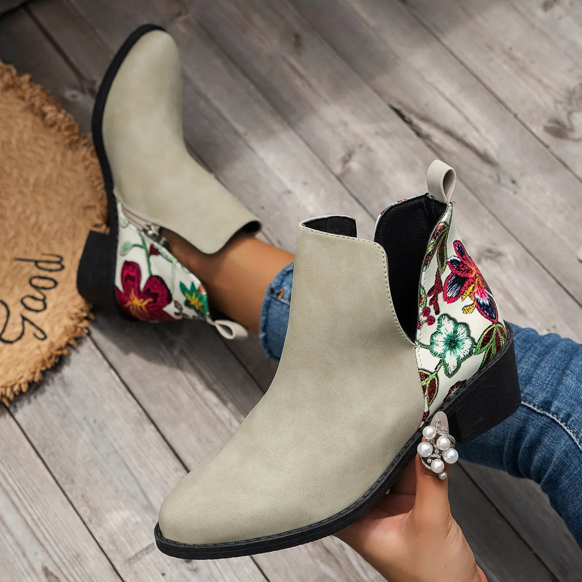 Flower printed ankle boots for women with chunky heel and side zipper, beige colour option