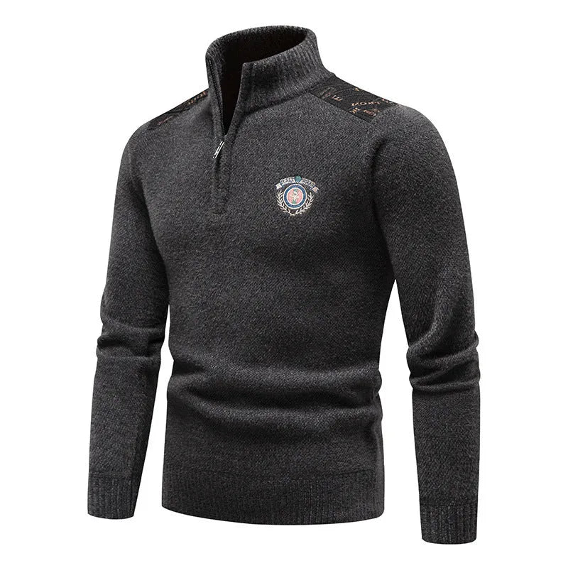Men's beige velvet stand collar thick winter sweater straight cut pullover