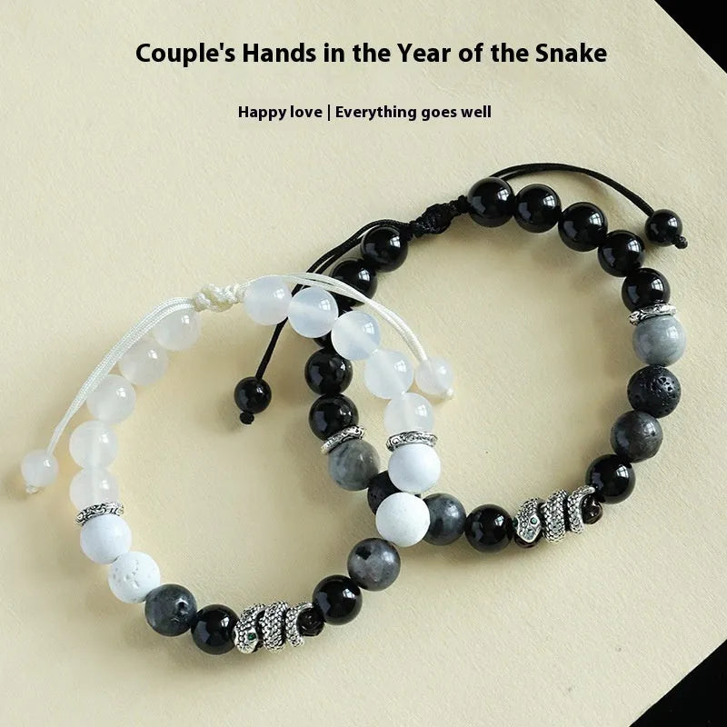 Handcrafted agate couple bracelets in black and white blessing snake style with natural stones