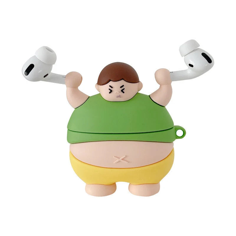 3D Cute Little Fat Man Lifting Weights Silicone Case for AirPods Pro in green and blue
