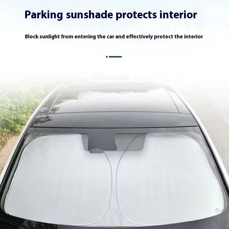 Titanium silver aluminium foil car sunshade laid flat showing its rectangular shape and size.