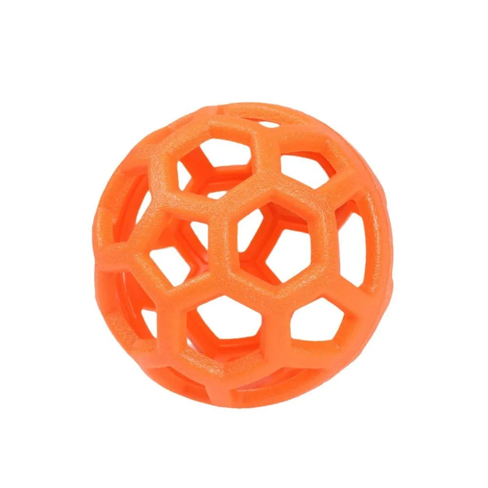 Orange TPR dog chew ball toy 9cm diameter with bell on white background
