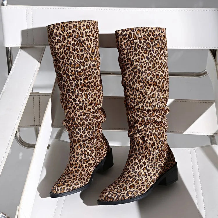 Brown leopard print women's boots with a square toe and chunky mid heel.