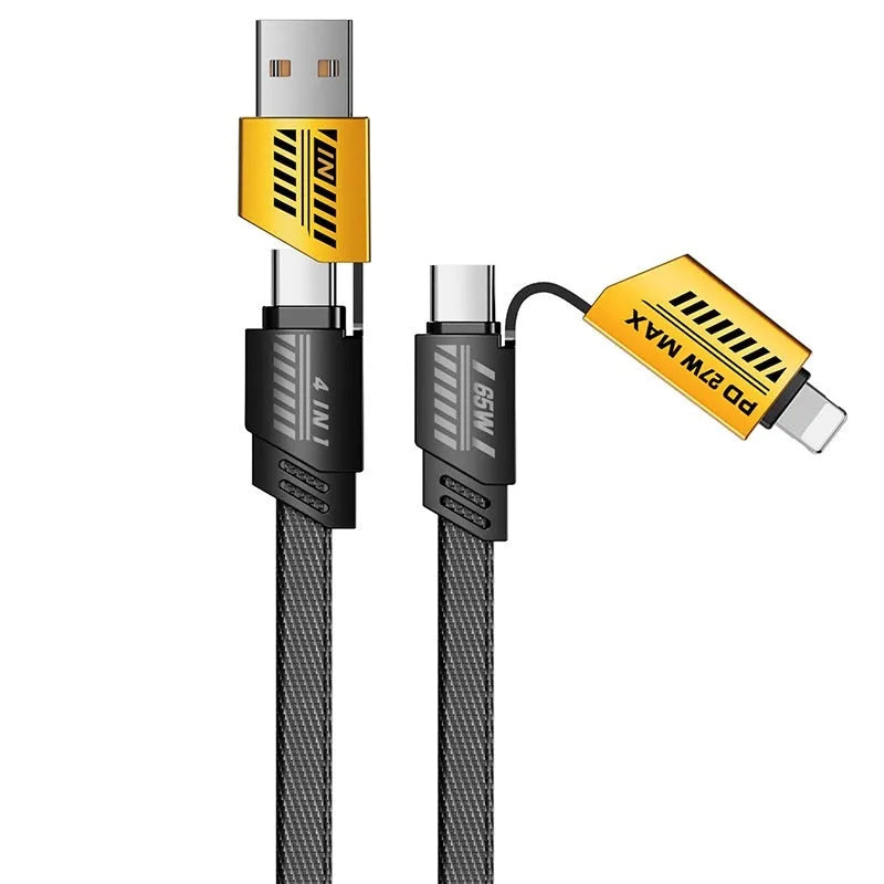 Four-in-one fast charge data cable with zinc alloy shell, braided black exterior, Lightning and Type-C connectors, 1-2m length