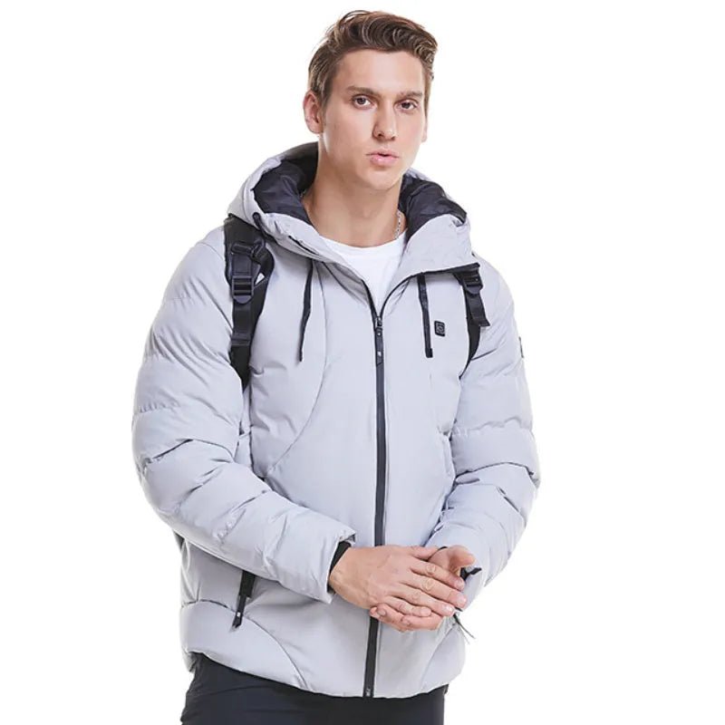USB electric heated jacket for men women, grey colour, with zipper and hood, windproof nylon shell, outdoor winter coat