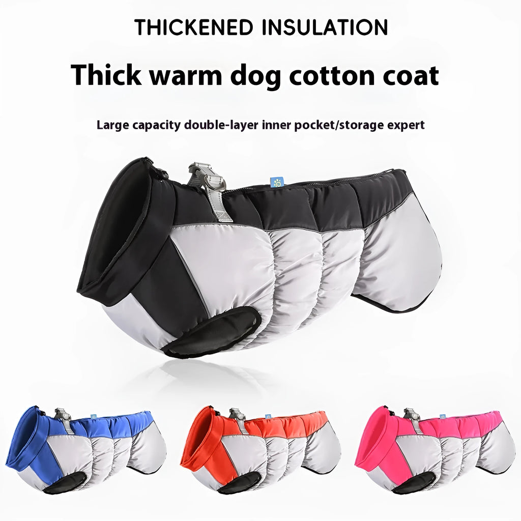 Reflective waterproof polar fleece winter coat for a large dog on a mannequin, shown in red.
