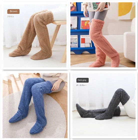 Cozy over-the-knee fuzzy socks in various colors, designed to keep your legs and knees warm during the winter season.