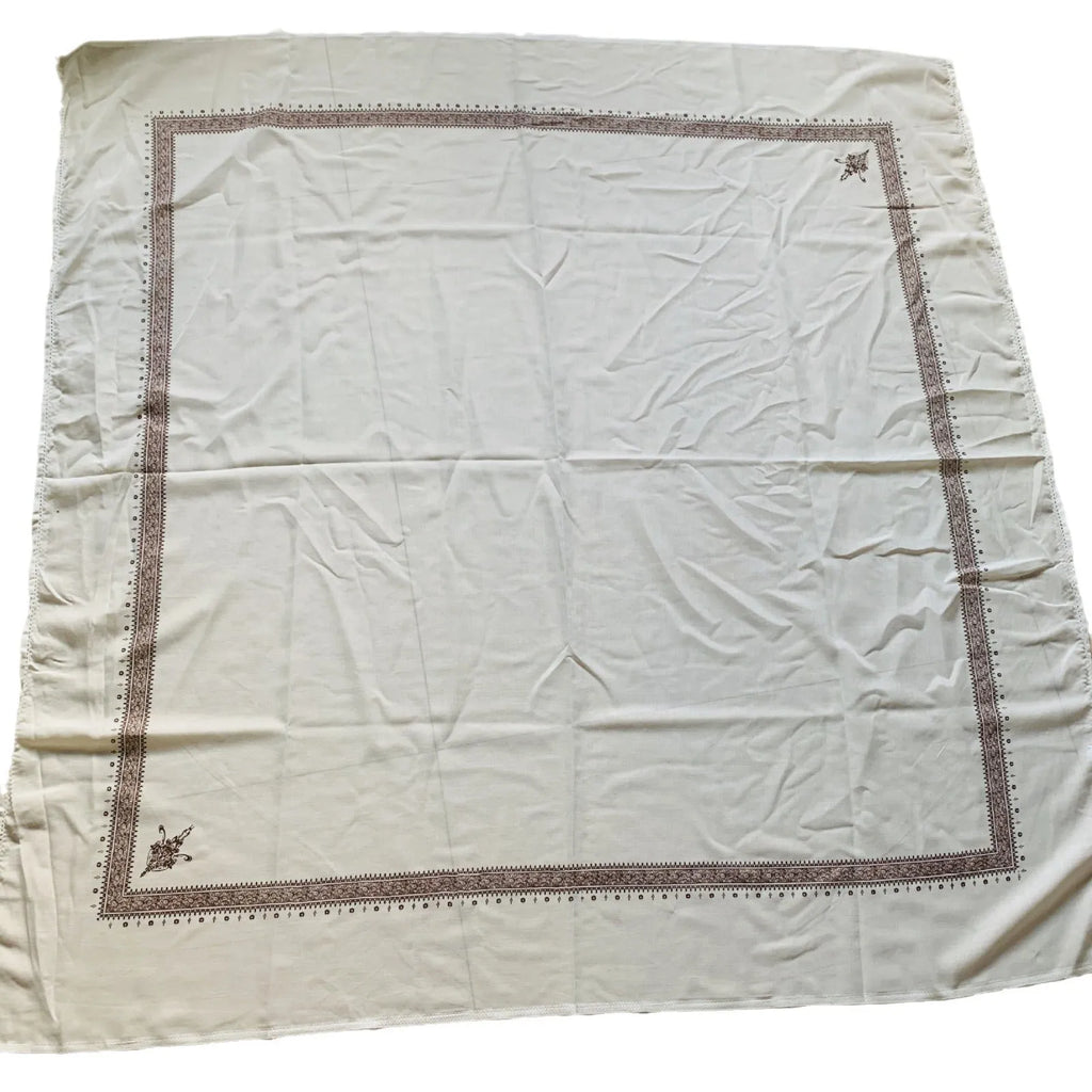 Printed square polyester scarf showing 138x138 cm dimensions with colour options including brown, grey, green, purple, navy blue, and purplish red