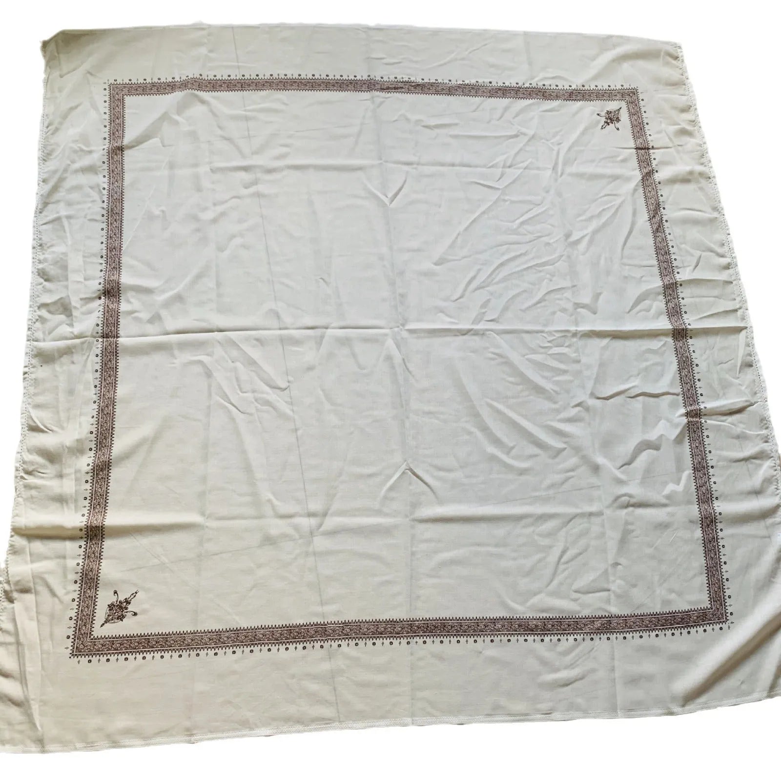 Printed square polyester scarf showing 138x138 cm dimensions with colour options including brown, grey, green, purple, navy blue, and purplish red