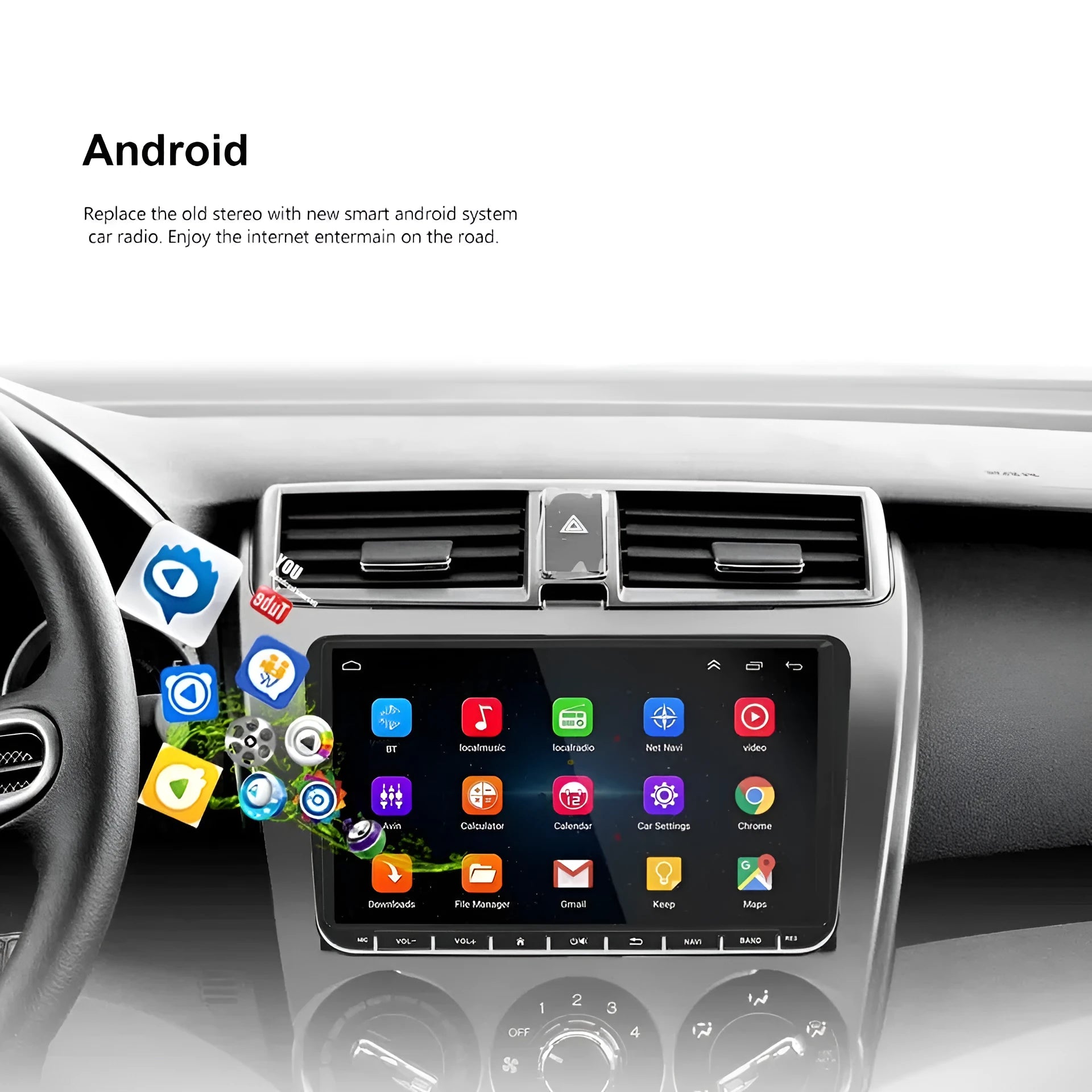 9-inch Android car stereo touchscreen head unit for double-DIN dash with Apple CarPlay and Android Auto