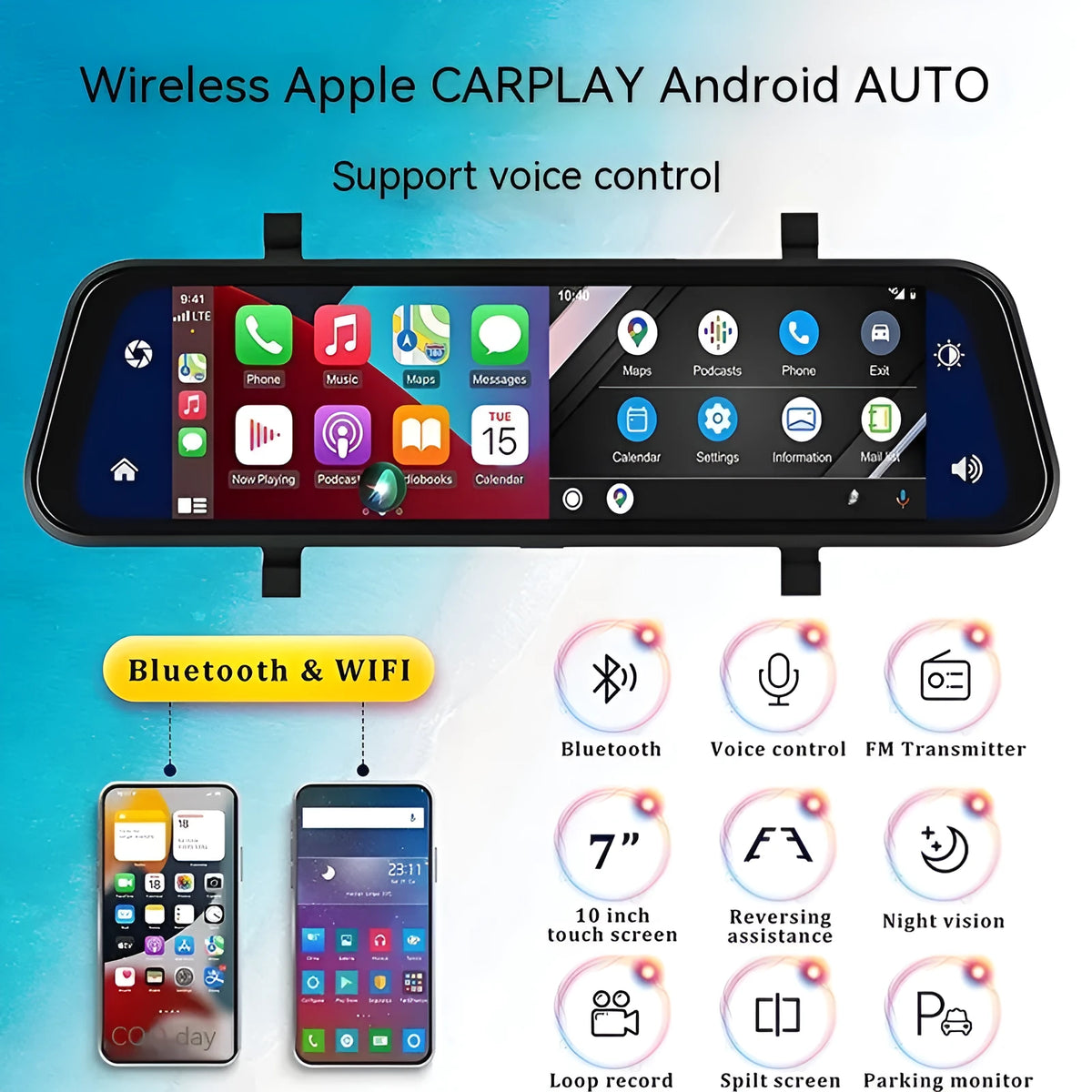 Black universal 9-inch car GPS navigation and DVR system with a large touch screen on a dashboard.