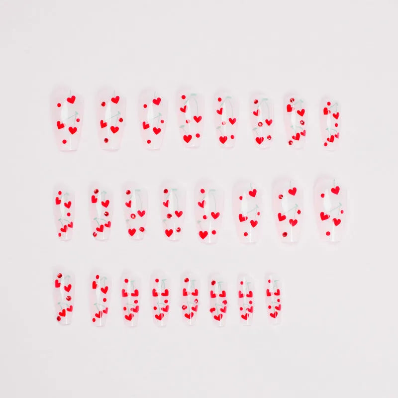 JP1601 French love pattern press-on nail stickers with red diamonds and small cherries