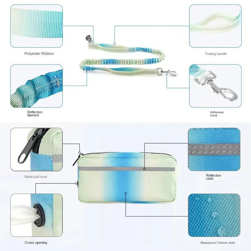 Blue hands-free adjustable dog leash with waist belt, shown extended to full length.