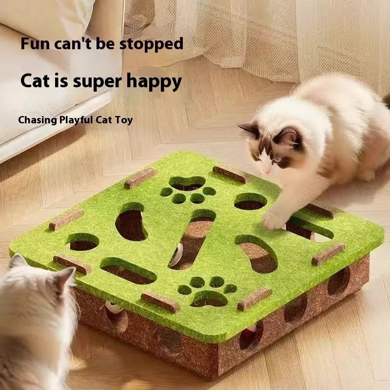Green brown felt cube cat scratching toy with hollow centre for play.