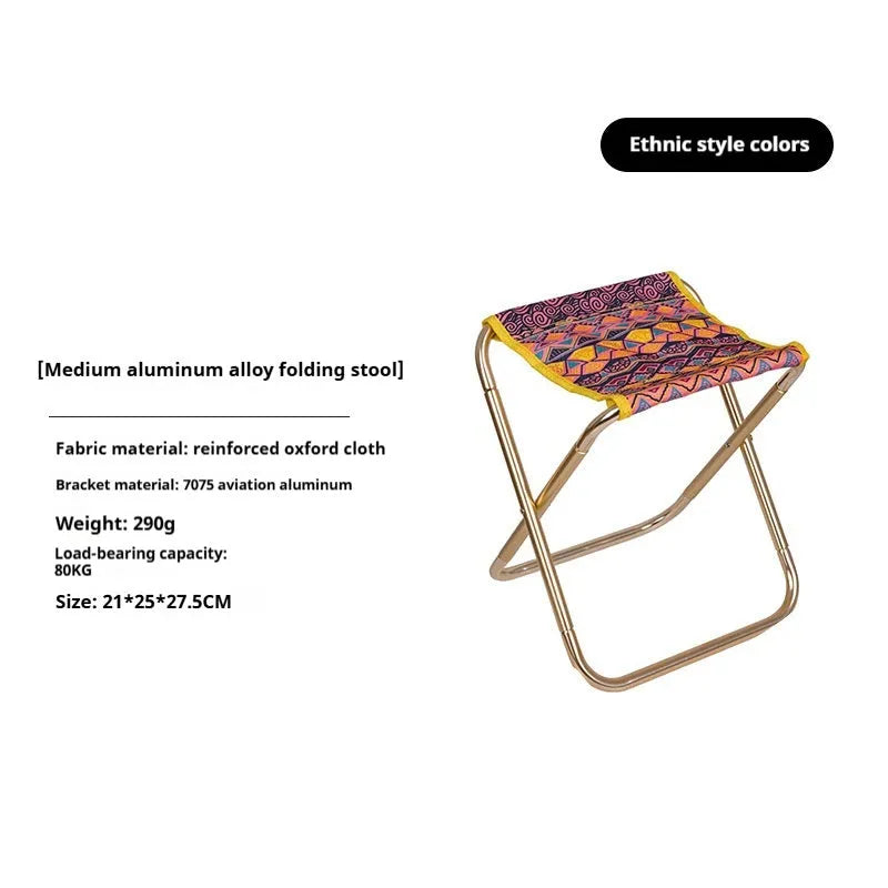 Black aluminium alloy folding camping stool in a national style, shown in folded and open positions.