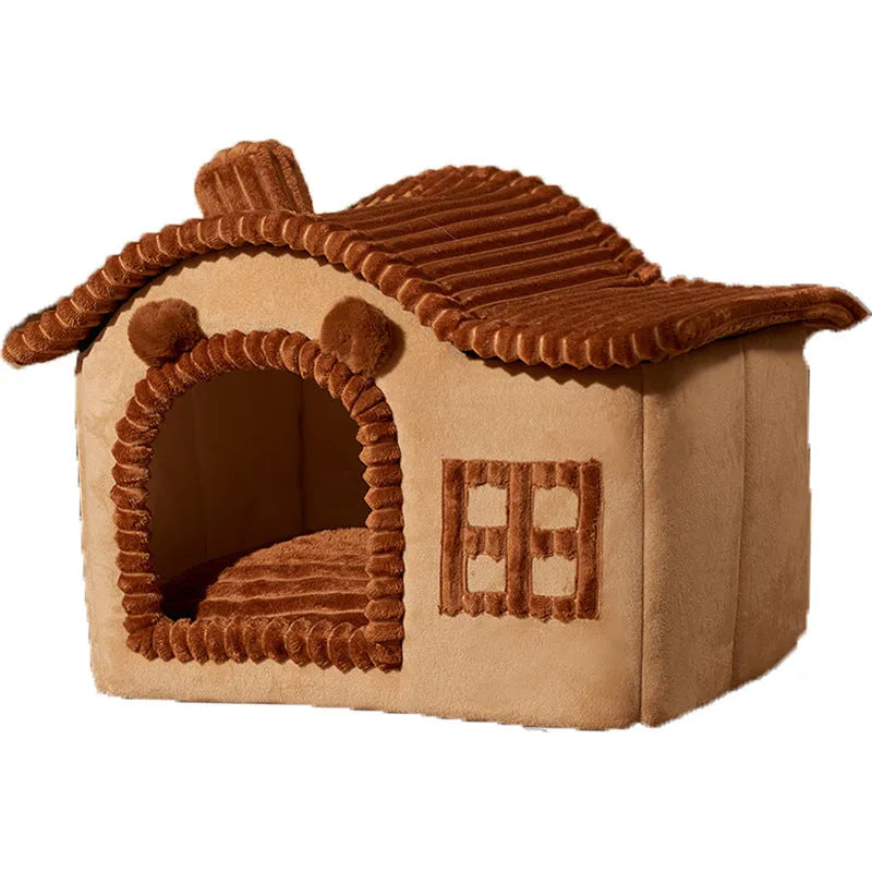 Enclosed PP cotton cat litter box in grey, styled as a warm villa, with open front entry