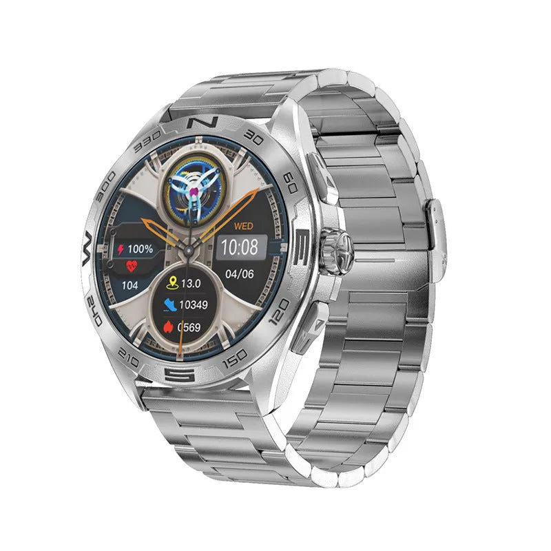 Black steel smart watch for men showing display with heart rate and Bluetooth calling icons.