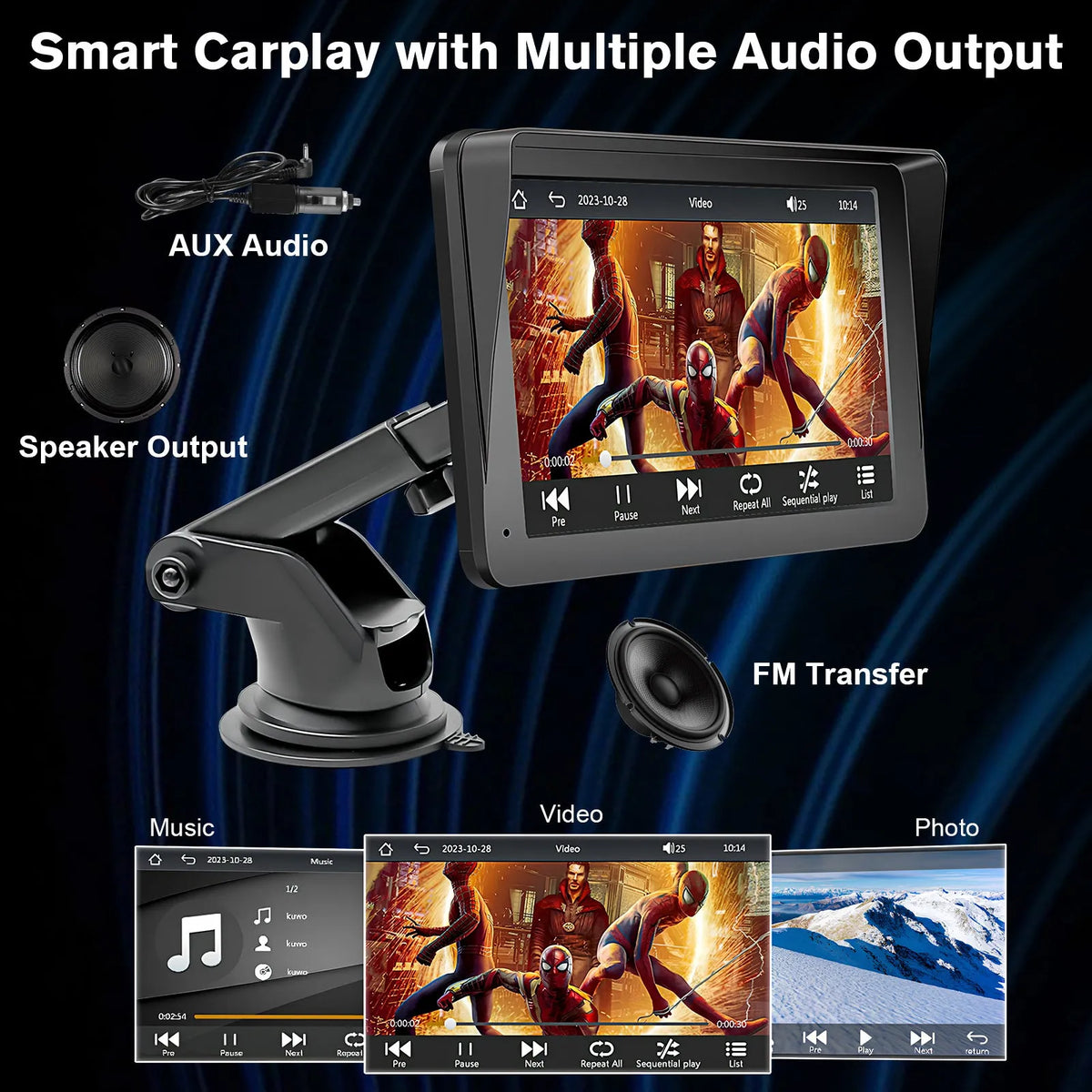 Portable 7-inch car stereo with wireless CarPlay and Android Auto touchscreen display
